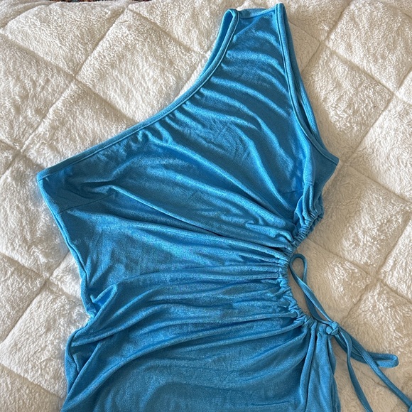 Bright Blue One-Shoulder Ruched Side Tie Dress - Picture 2 of 7